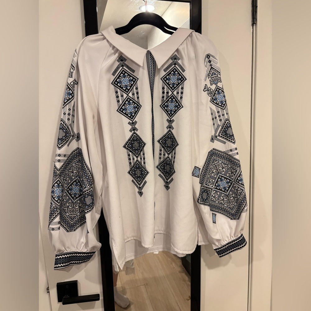 Ukrainian Embroidered White and Blue Blouse